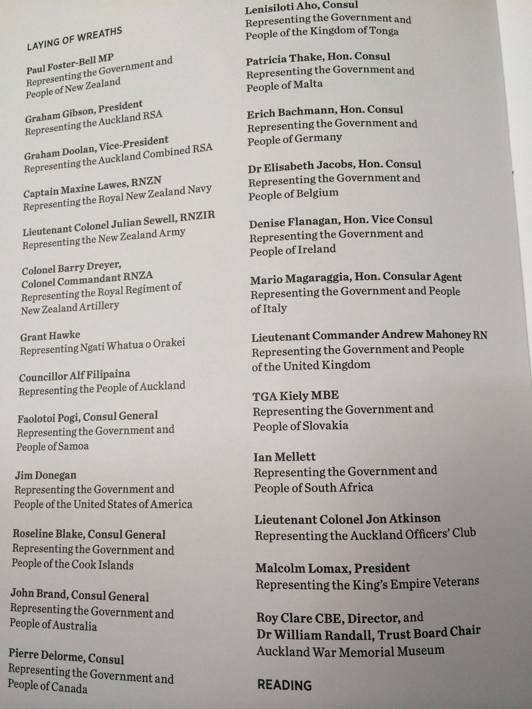 Page from the Armistice Day 2014 order of service listing those who laid wreaths, including Ian Mellett representing the Government and People of South Africa.